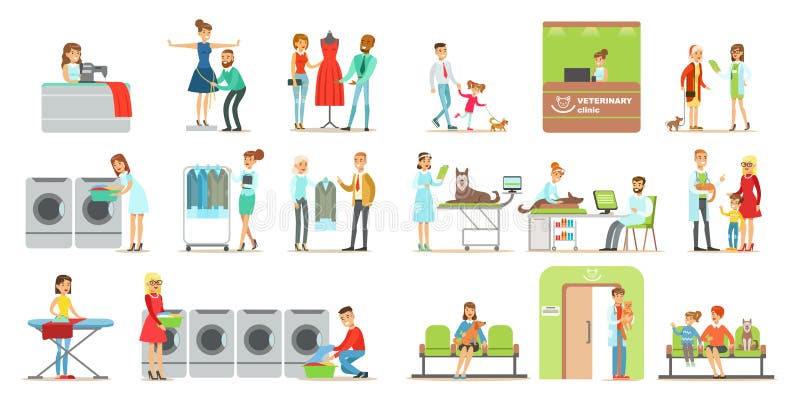Les clients visitant la clinique et la blanchisserie vétérinaires font des emplettes, les gens apportant leurs animaux familiers illustration stock Les clients visitant la clinique et la blanchisserie vétérinaires font des emplettes, les gens apportant leurs animaux familiers illustration stock