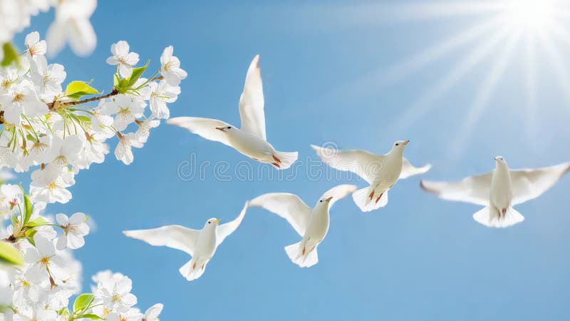 Les colombes blanches s'envolent dans le ciel bleu clair avec des fleurs de cerisiers et la lumière du soleil illustration stock