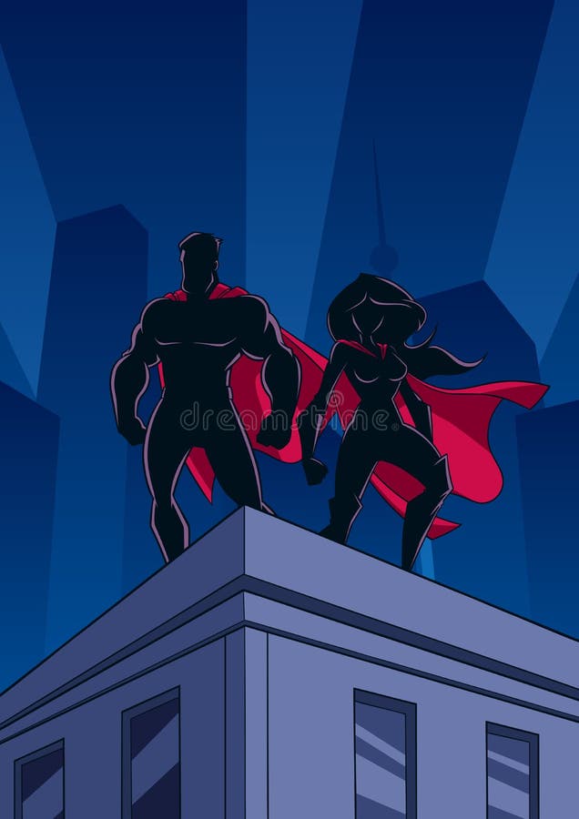 Les couples de super héros couvrent des silhouettes de montre illustration stock Les couples de super héros couvrent des silhouettes de montre illustration stock