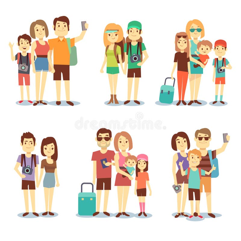 Les couples heureux, famille, les gens, touristes dirigent les personnages de dessin animé de déplacement illustration libre de droits Les couples heureux, famille, les gens, touristes dirigent les personnages de dessin animé de déplacement illustration libre de droits