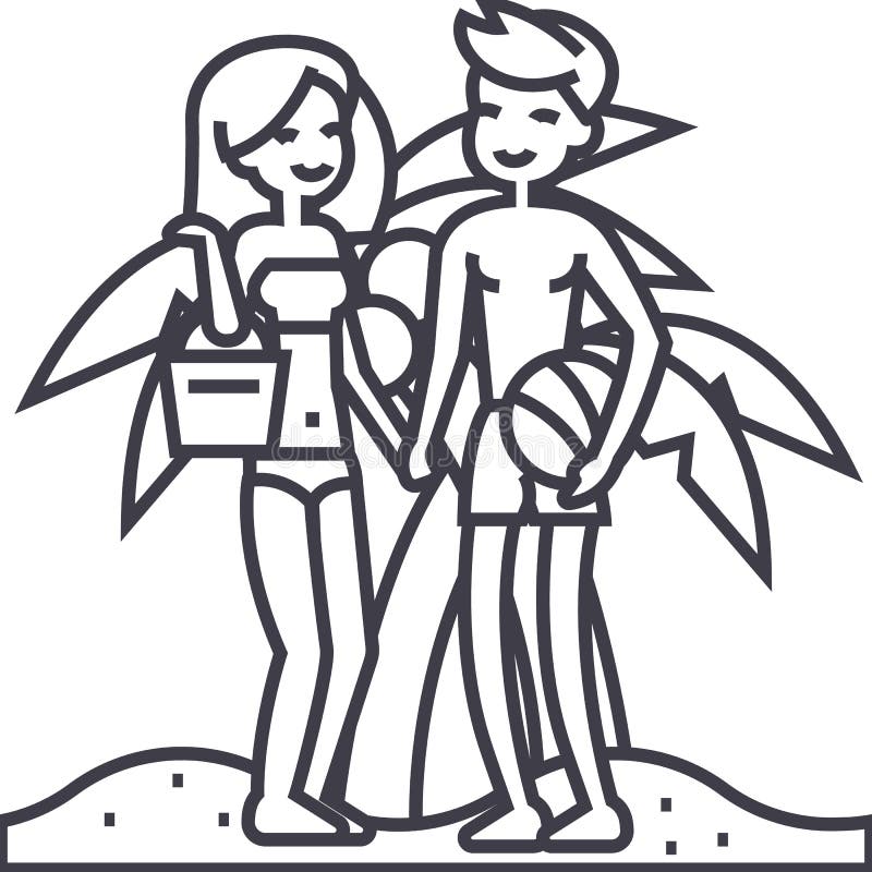 Les couples sur la plage, les vacances d'été, la femme et l'homme avec la boule et le sac dirigent la ligne icône, le signe, illu illustration libre de droits Les couples sur la plage, les vacances d'été, la femme et l'homme avec la boule et le sac dirigent la ligne icône, le signe, illu illustration libre de droits