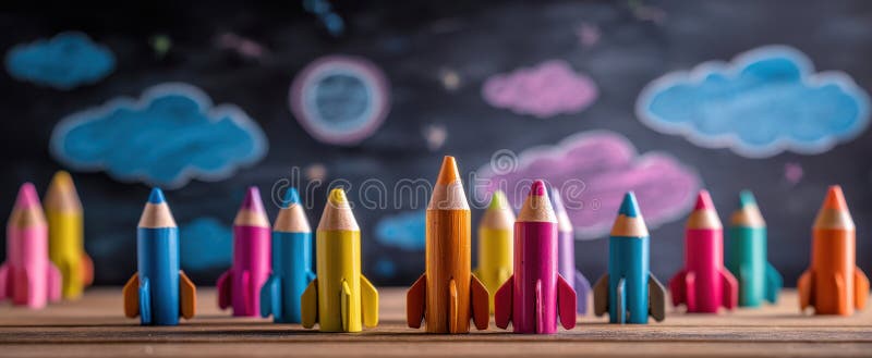 Les crayons de fusée vibrants sur un fond de tableau noir avec des nuages ludiquesImage générée par AI photos stock