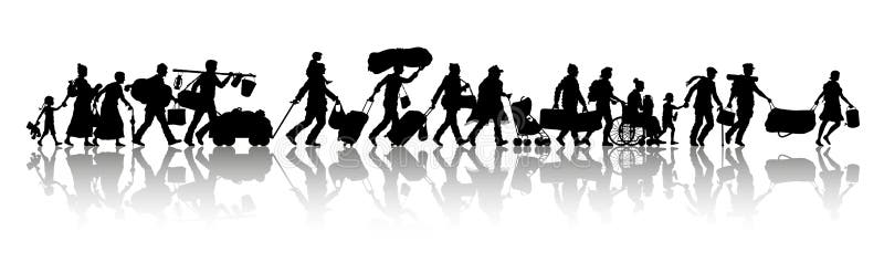 Les demandeurs d'asile en silhouette marchant avec des bagages