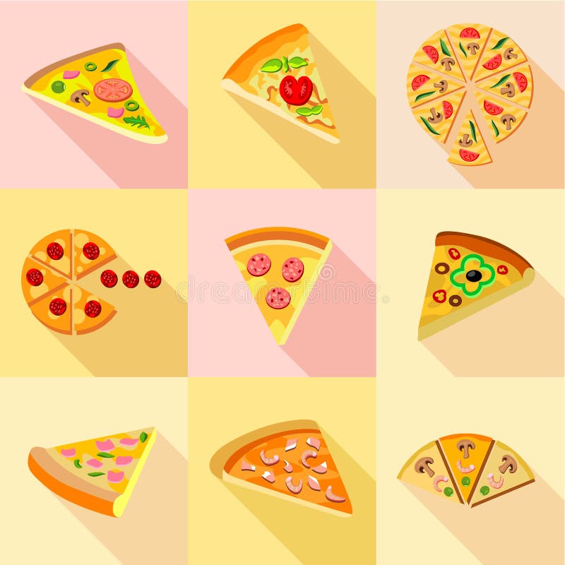 Les différents types d'icônes de pizza ont placé, style plat illustration de vecteur Les différents types d'icônes de pizza ont placé, style plat illustration de vecteur