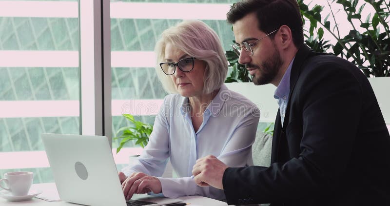 Les différents âges ont concentré des hommes d'affaires travaillant ensemble sur le projet. clips vidéos