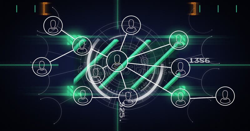 Les données numériques et les lignes vertes superposent la connexion des icônes utilisateur dans le réseau d'animation illustration libre de droits