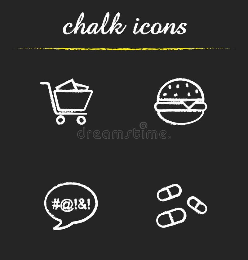 Addictions chalk icons set. Obesity, dirty language, pills and oniomania shopping. Fast food, drugs, shopping cart and swearing. Isolated vector chalkboard illustrations. Addictions chalk icons set. Obesity, dirty language, pills and oniomania shopping. Fast food, drugs, shopping cart and swearing. Isolated vector chalkboard illustrations