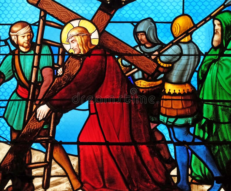 2nd Stations of the Cross, Jesus is given his cross, stained glass windows in the Saint Eugene - Saint Cecilia Church, Paris, France. 2nd Stations of the Cross, Jesus is given his cross, stained glass windows in the Saint Eugene - Saint Cecilia Church, Paris, France