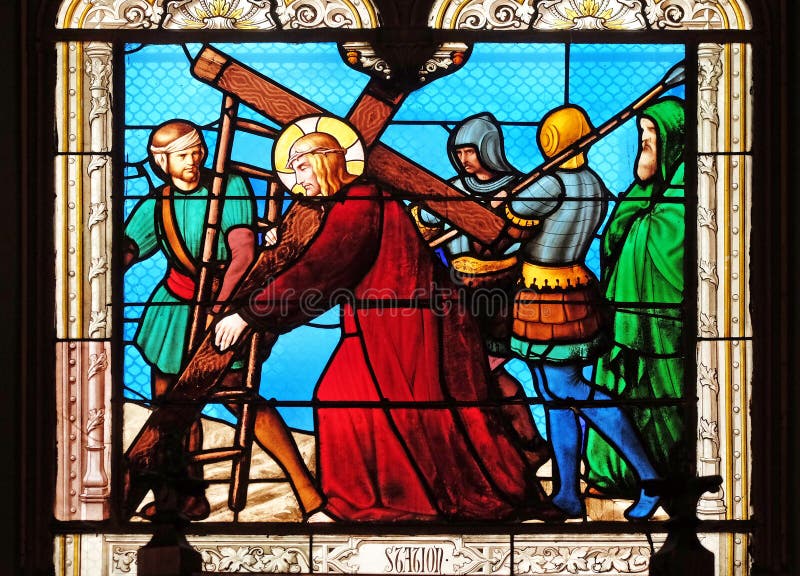 2nd Stations of the Cross, Jesus is given his cross, stained glass windows in the Saint Eugene - Saint Cecilia Church, Paris, France. 2nd Stations of the Cross, Jesus is given his cross, stained glass windows in the Saint Eugene - Saint Cecilia Church, Paris, France