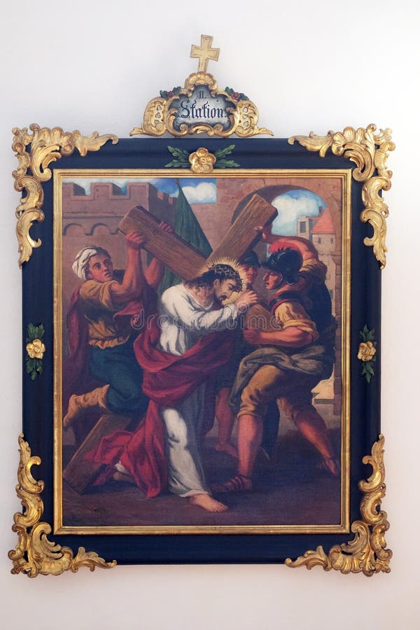 2nd Stations of the Cross, Jesus is given his cross, church of Saint Agatha in Schmerlenbach, Germany. 2nd Stations of the Cross, Jesus is given his cross, church of Saint Agatha in Schmerlenbach, Germany