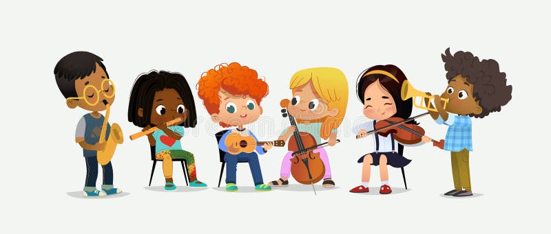 Children Orchestra Play Various Music. Girl with Violin. Classroom Teenage Education. Funny Entertainment Party. Teamwork Instrument Acoustic Performance Flat Cartoon Vector Illustration. Children Orchestra Play Various Music. Girl with Violin. Classroom Teenage Education. Funny Entertainment Party. Teamwork Instrument Acoustic Performance Flat Cartoon Vector Illustration