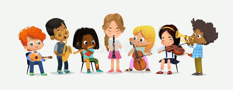School Orchestra Play Various Music Instrument. Children Together in Classroom. Boy with Saxophone. Happy Teenage Performance. Grand Party Education Flat Cartoon Vector Illustration. School Orchestra Play Various Music Instrument. Children Together in Classroom. Boy with Saxophone. Happy Teenage Performance. Grand Party Education Flat Cartoon Vector Illustration