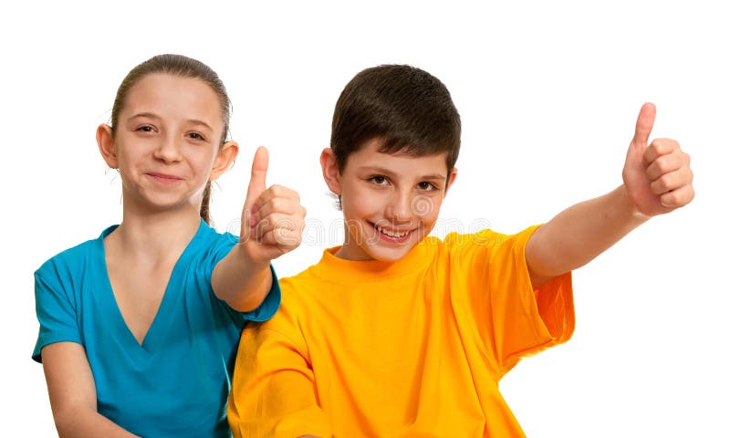 Two smiling children are showing that they are fine; isolated on the white background. Two smiling children are showing that they are fine; isolated on the white background