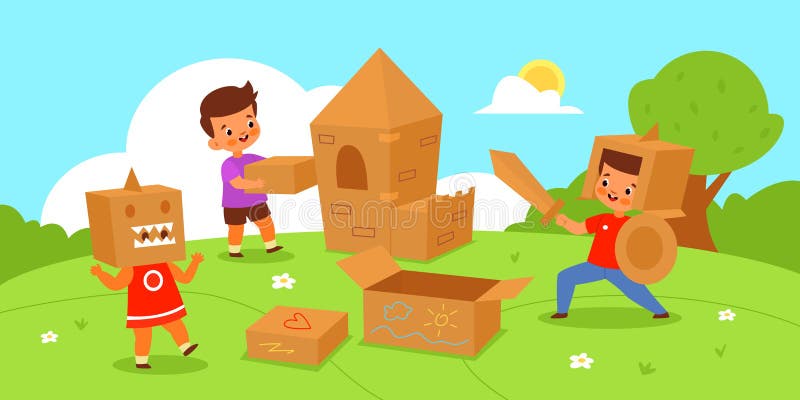 Boîtes En Carton Pour Enfants. Dessin Animé Enfants Personnages Faire Des  Objets En Carton Avion Avec La Maison Pilote Et L'imagin Illustration de  Vecteur - Illustration du enfance, véhicule: 245806683