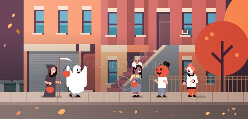 Les enfants portant le clown de magicien de potiron de fantôme de monstres costume des des bonbons ou un sort de marche Halloween illustration de vecteur Les enfants portant le clown de magicien de potiron de fantôme de monstres costume des des bonbons ou un sort de marche Halloween illustration de vecteur