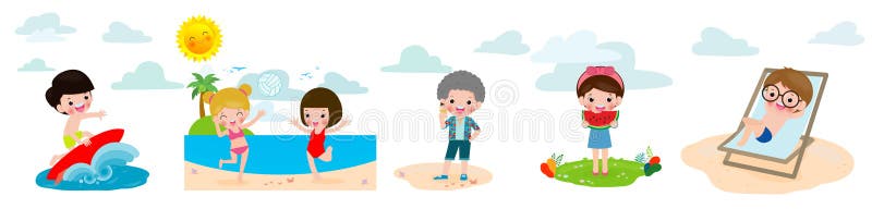 Les enfants se reposent pendant l'été sur une plage tropicale sur l'ensemble de concept de vacances de vacances, garçon de surfer illustration stock Les enfants se reposent pendant l'été sur une plage tropicale sur l'ensemble de concept de vacances de vacances, garçon de surfer illustration stock