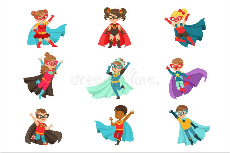 Les enfants superbes ont placé, des garçons et des filles dans les illustrations colorées de vecteur de costumes de super héros illustration libre de droits Les enfants superbes ont placé, des garçons et des filles dans les illustrations colorées de vecteur de costumes de super héros illustration libre de droits