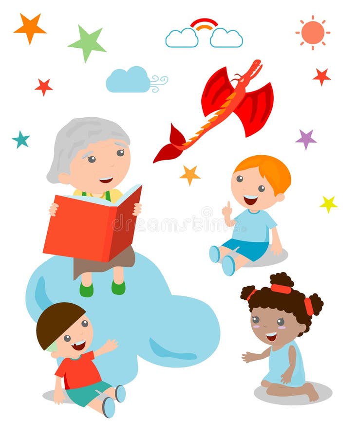 Les enfants écoutant leur grand-mère racontent une histoire, livre ouvert avec le dragon, imagination, illustration de vecteur illustration de vecteur Les enfants écoutant leur grand-mère racontent une histoire, livre ouvert avec le dragon, imagination, illustration de vecteur illustration de vecteur