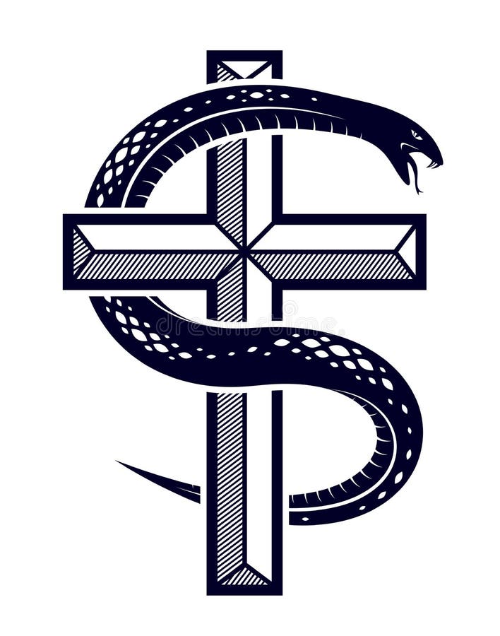Les enrouler de serpent autour de la croix chrétienne, de la lutte entre le le bien et le mal, du saint et du pécheur, aiment et illustration stock Les enrouler de serpent autour de la croix chrétienne, de la lutte entre le le bien et le mal, du saint et du pécheur, aiment et illustration stock