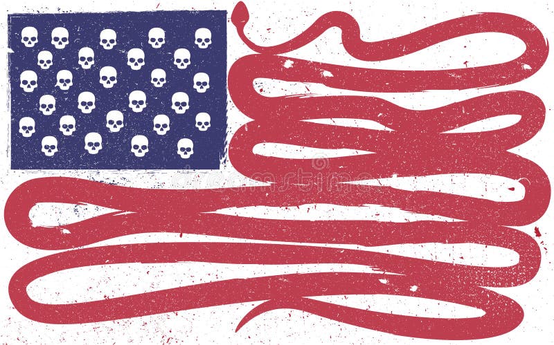 United States flag in the form of skulls and large snake. Disstressed image, handmade style graphics. T-shirt design, poster graphics. United States flag in the form of skulls and large snake. Disstressed image, handmade style graphics. T-shirt design, poster graphics.