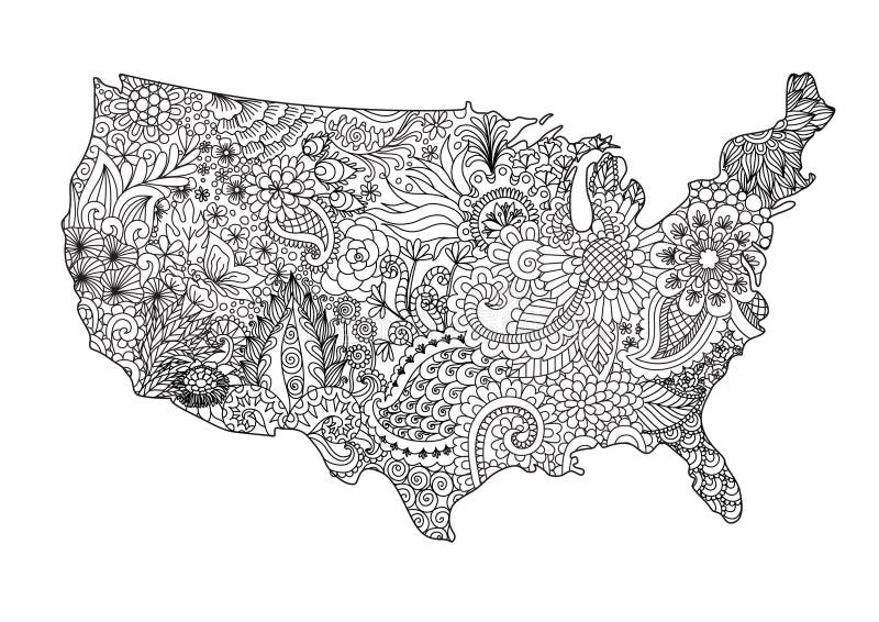 Les Etats-Unis floraux tracent pour l'élément de conception et la page de livre de coloriage d'adulte Illustration de vecteur illustration stock Les Etats-Unis floraux tracent pour l'élément de conception et la page de livre de coloriage d'adulte Illustration de vecteur illustration stock