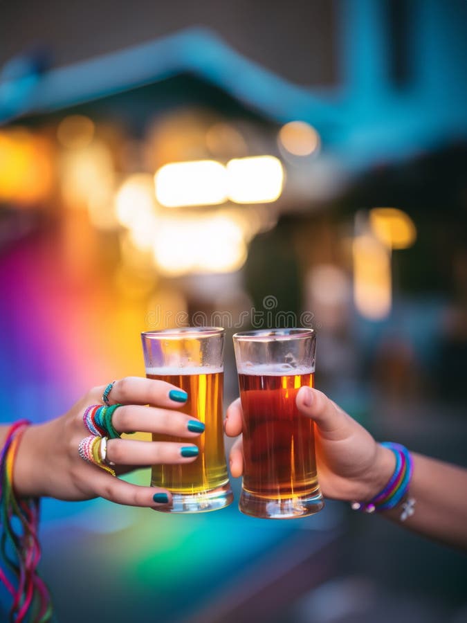 woman's hands toasting with a beer,lgbtq celebration,ai generated. woman's hands toasting with a beer,lgbtq celebration,ai generated