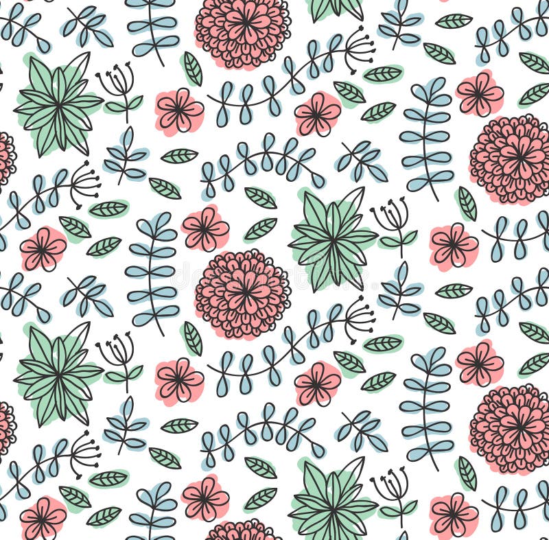 Les feuilles florales de fleurs gribouillent le modèle sans couture de vecteur illustration stock Les feuilles florales de fleurs gribouillent le modèle sans couture de vecteur illustration stock