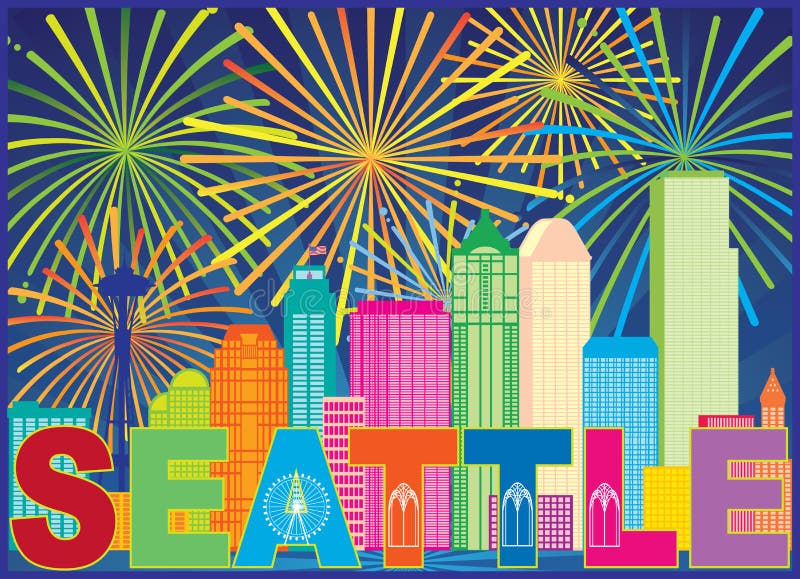 Les feux d'artifice des textes d'horizon de ville de Seattle colorent l'illustration de vecteur illustration de vecteur Les feux d'artifice des textes d'horizon de ville de Seattle colorent l'illustration de vecteur illustration de vecteur