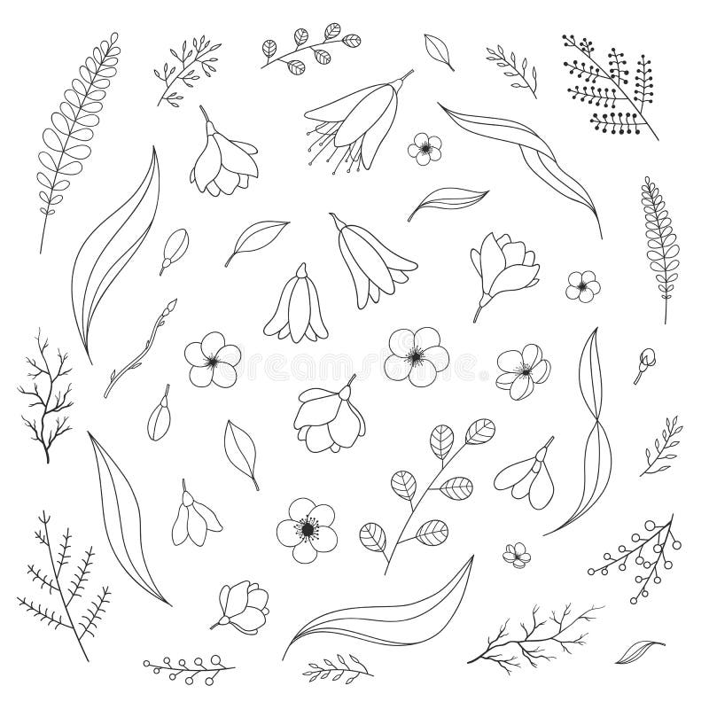 Les fleurs de ressort de vecteur ont placé avec des fleurs de cerisier, cloches, feuilles illustration de vecteur Les fleurs de ressort de vecteur ont placé avec des fleurs de cerisier, cloches, feuilles illustration de vecteur