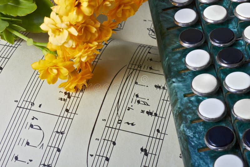 Les fleurs jaunes de Kalanchoe se trouvent sur les notes musicales à côté des clés d'accordéon images libres de droits Les fleurs jaunes de Kalanchoe se trouvent sur les notes musicales à côté des clés d'accordéon images libres de droits