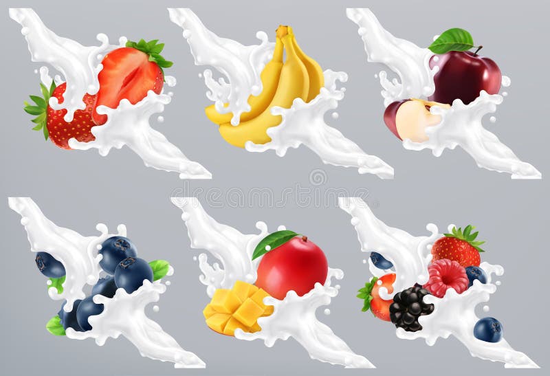 Les fruits et les baies en lait éclaboussent, yaourt Fraise, banane, pomme, myrtille, mangue vecteur 3d illustration de vecteur Les fruits et les baies en lait éclaboussent, yaourt Fraise, banane, pomme, myrtille, mangue vecteur 3d illustration de vecteur