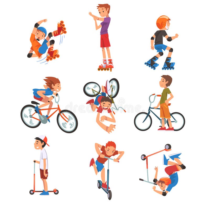 Les garçons et les filles escaladant la bicyclette d'ensemble de scooter de coup de pied fait du roller le transport eco pour des