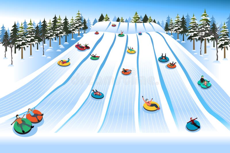 Les gens ayant l'amusement Sledding sur la colline de tuyauterie pendant l'hiver illustration stock Les gens ayant l'amusement Sledding sur la colline de tuyauterie pendant l'hiver illustration stock