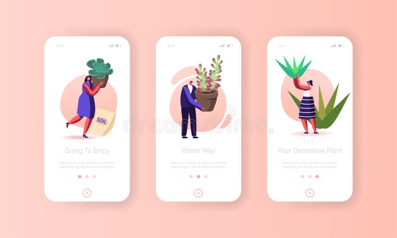 Les gens cultivant les plantes décoratives en page mobile d'appli de mini-serre à bord du modèle d'écran. Les caractères minuscule illustration stock