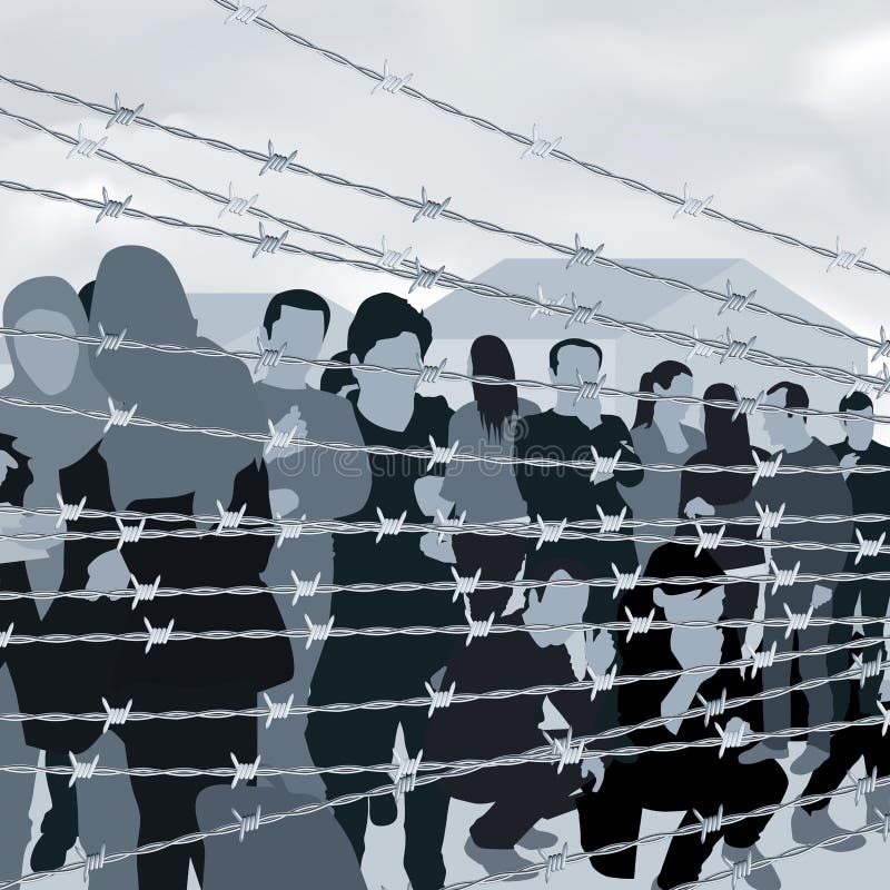 Refugees people behind barbed wire. Vector illustration. Refugees people behind barbed wire. Vector illustration