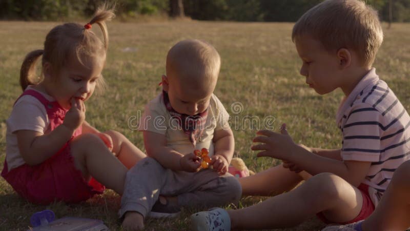 Les gens dans le parc. joyeuse silhouette familiale assise sur l'herbe au coucher du soleil. maman avec trois enfants manger fruit banque de vidéos
