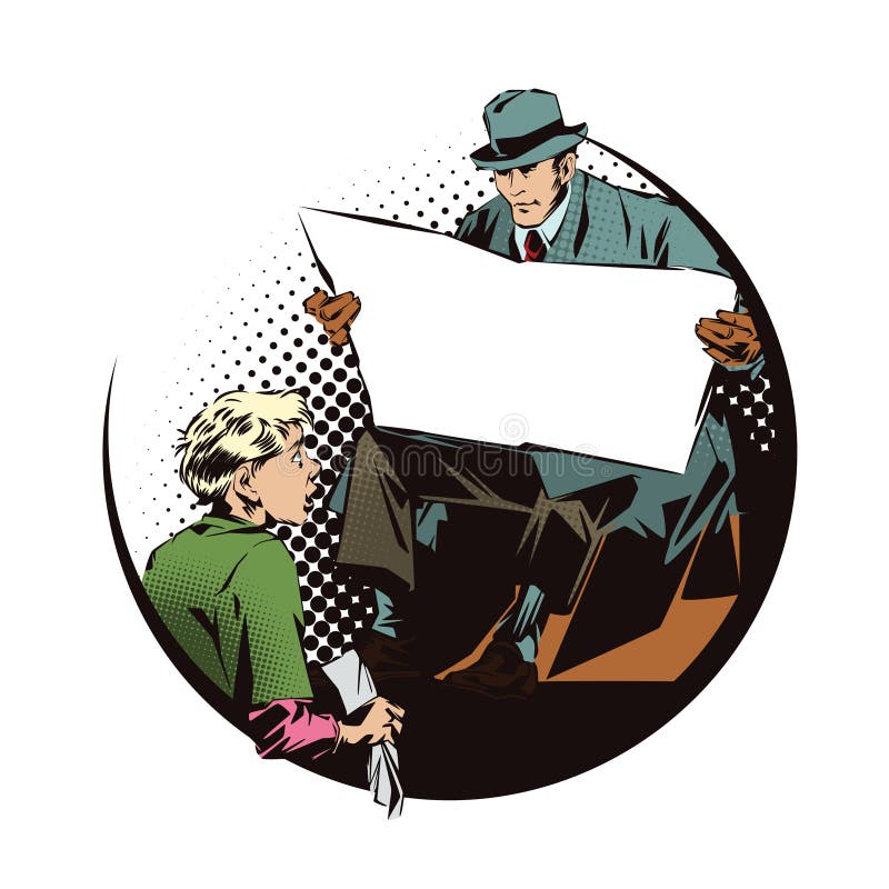Les gens dans le rétro art de bruit de style et la publicité de vintage Le garçon nettoie l'homme de bottes avec un journal Journ illustration libre de droits Les gens dans le rétro art de bruit de style et la publicité de vintage Le garçon nettoie l'homme de bottes avec un journal Journ illustration libre de droits