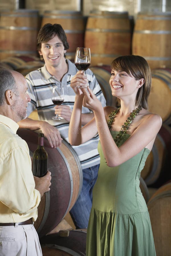 Les gens goûtant le vin dans la cave images libres de droits Les gens goûtant le vin dans la cave images libres de droits