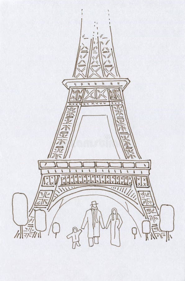 Les gens à Paris Famille de trois heureuse illustration stock Les gens à Paris Famille de trois heureuse illustration stock