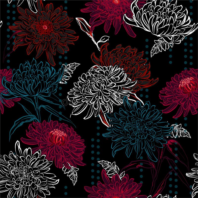 Les grandes fleurs de floraison de chrysanthème de modèle de fleur d'ensemble posent avec la conception rayée de points de polka illustration de vecteur Les grandes fleurs de floraison de chrysanthème de modèle de fleur d'ensemble posent avec la conception rayée de points de polka illustration de vecteur