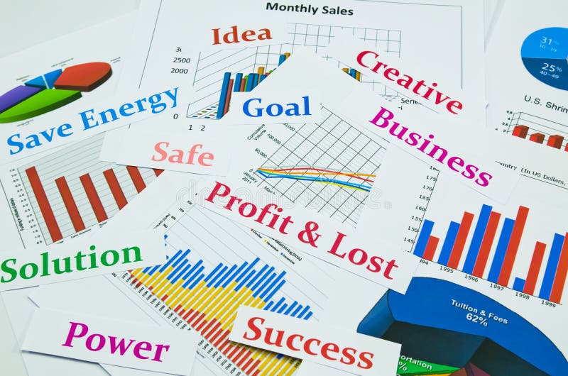 Les graphiques et les graphiques de gestion avec des mots impriment photographie stock Les graphiques et les graphiques de gestion avec des mots impriment photographie stock