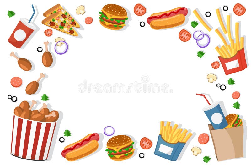 Les hamburgers d'aliments de préparation rapide, fritures, les hot-dogs se situe dans un cadre sur un blanc La vue à partir du de illustration stock Les hamburgers d'aliments de préparation rapide, fritures, les hot-dogs se situe dans un cadre sur un blanc La vue à partir du de illustration stock