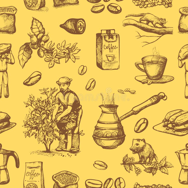 Les haricots de coffeine de cueillette d'agriculteur de plantation de vecteur de production de café sur le dessin d'arbre et de v illustration libre de droits Les haricots de coffeine de cueillette d'agriculteur de plantation de vecteur de production de café sur le dessin d'arbre et de v illustration libre de droits