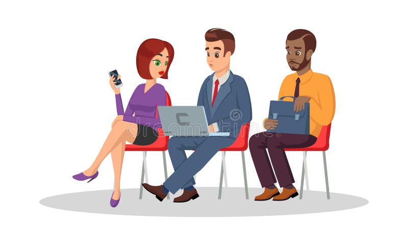 Les hommes multiraciaux et la femme, reçus un diplôme s'asseyent sur des chaises dans la file d'attente avant entrevue d'emploi O illustration stock Les hommes multiraciaux et la femme, reçus un diplôme s'asseyent sur des chaises dans la file d'attente avant entrevue d'emploi O illustration stock