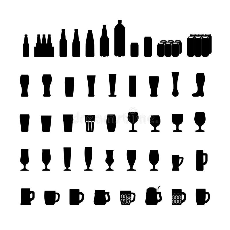 Les icônes de bouteilles et en verre à bière ont placé, silhouette noire Vecteur illustration stock Les icônes de bouteilles et en verre à bière ont placé, silhouette noire Vecteur illustration stock