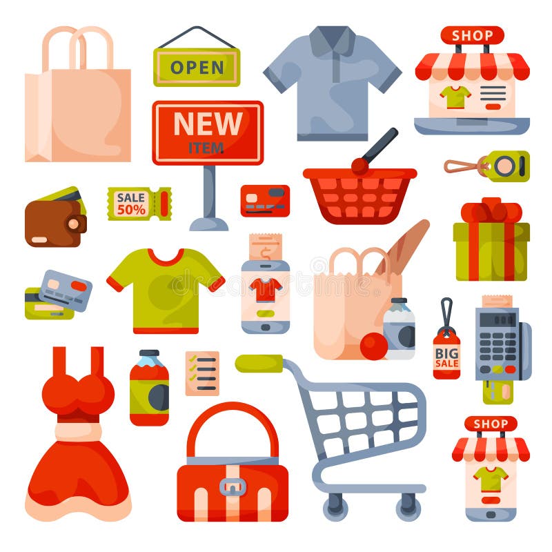 Les icônes plates de bande dessinée de style d'épicerie de supermarché ont placé avec des produits de nourriture et de commerce d illustration stock Les icônes plates de bande dessinée de style d'épicerie de supermarché ont placé avec des produits de nourriture et de commerce d illustration stock