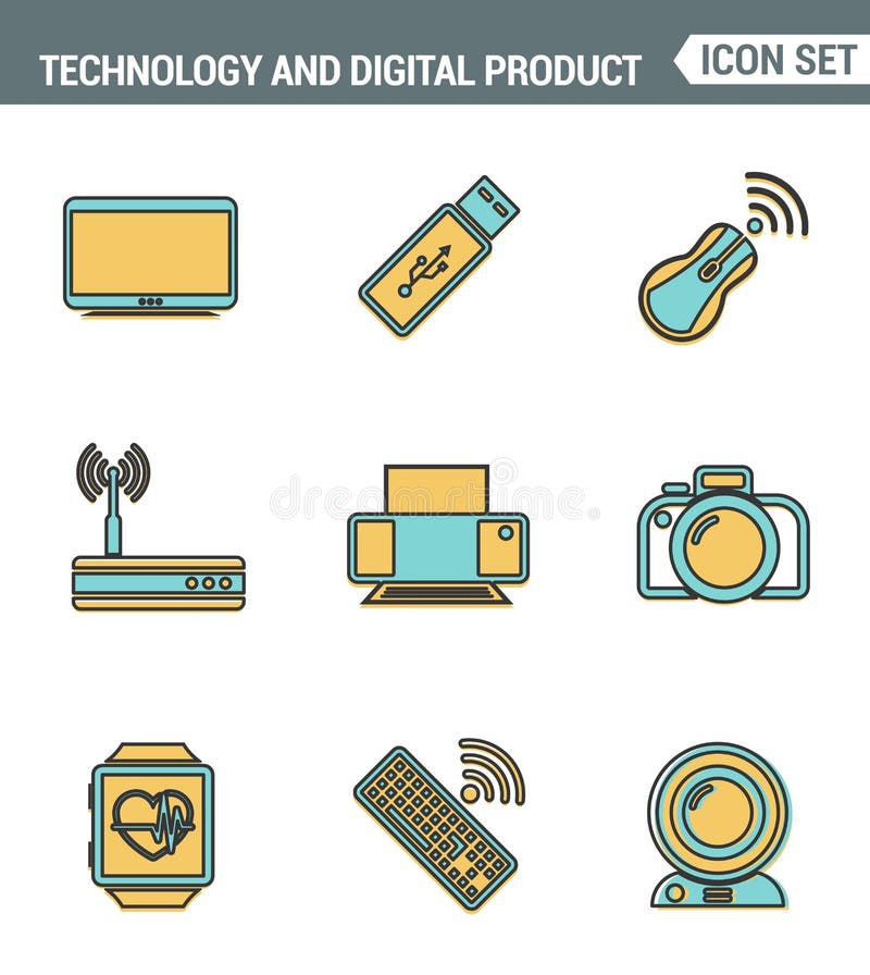 Icons line set premium quality of computer technology and electronics devices, mobile phone communication digital product. Modern pictogram collection flat design style. white background. Icons line set premium quality of computer technology and electronics devices, mobile phone communication digital product. Modern pictogram collection flat design style. white background