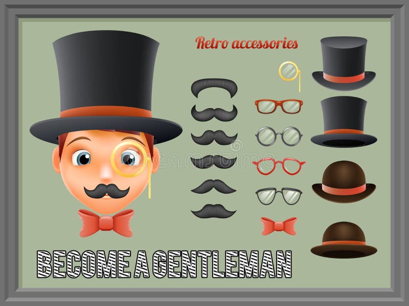 Les icônes victoriennes de bande dessinée d'affaires de monsieur de chapeau supérieur en verre d'arc de moustache ont placé le ré illustration stock Les icônes victoriennes de bande dessinée d'affaires de monsieur de chapeau supérieur en verre d'arc de moustache ont placé le ré illustration stock