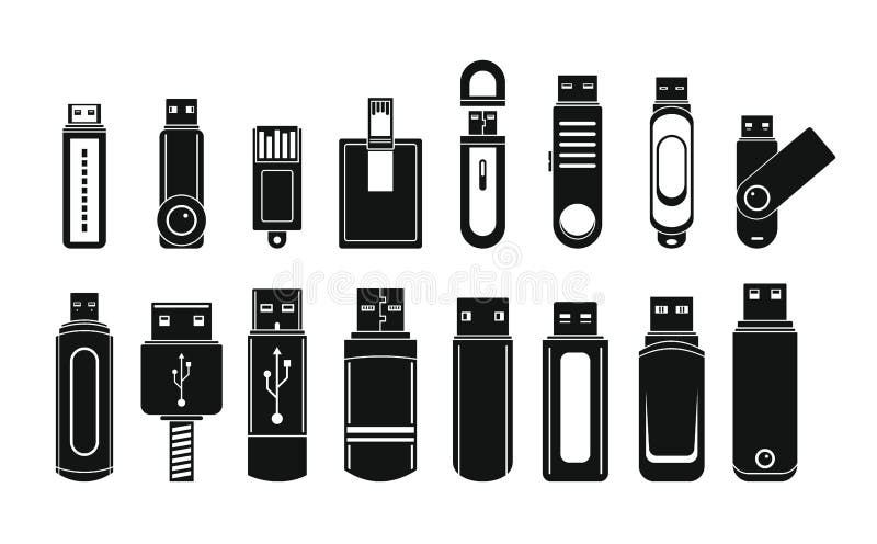 USB flash drive icons set. Simple illustration of 16 USB flash drive vector icons for web. USB flash drive icons set. Simple illustration of 16 USB flash drive vector icons for web