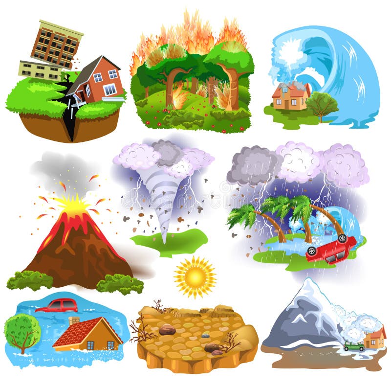 Les icônes de catastrophes naturelles aiment le tremblement de terre, tsunami, ouragan, avalanche, sécheresse, tornade